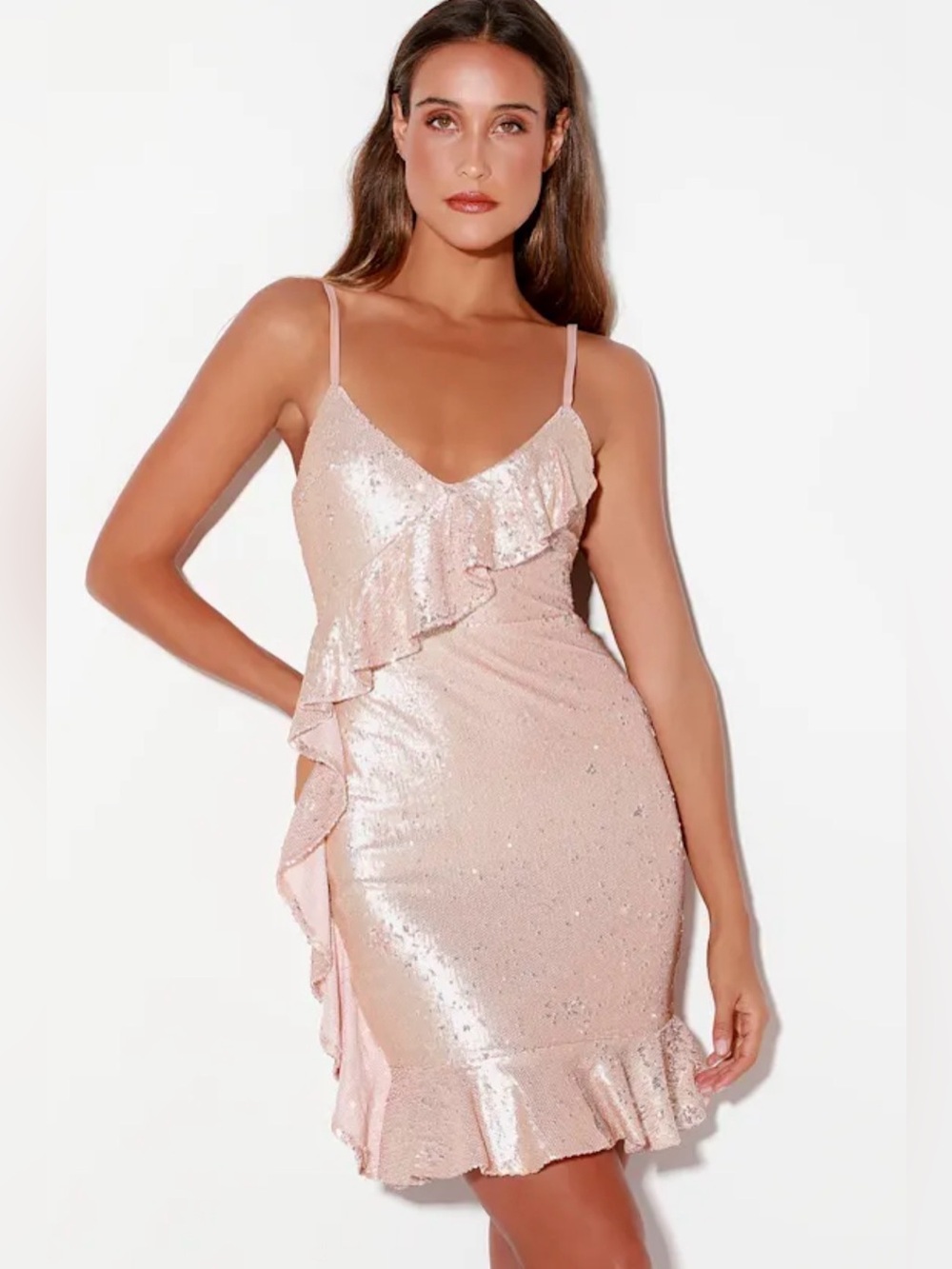 Clementina Rose Gold Sequin Ruffled Bodycon Dress from Lulus size Large NWT